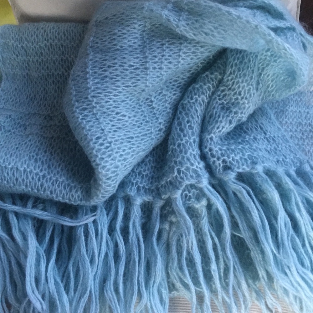 Hand knit light blue long scarf 🧣 wrap with fringes